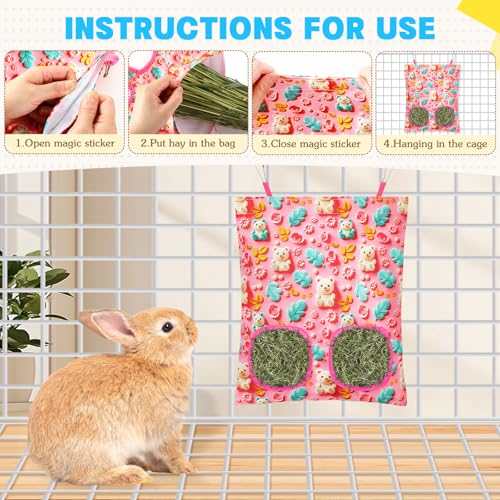 UPINS 3Pack Guinea Pig Hay Feeder Bag,Bunny Rabbit Cage Bag Hanging Holder | Guinea Pig Cage Feeder,for Bunny Rabbits,Chinchillas,Hamsters,Small Pets,and Animals - color: Blue Pink Green