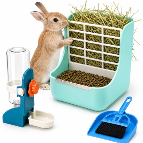 HERCOCCI Rabbit Hay Feeder and Water Bottle Set, 500ml Bunny Water Dispenser with Food Bowl, 2-in-1 Hay Rack Feeder for Guinea Pig, Chinchilla, Hedgehog, Small Animals - color: BLUE