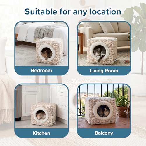 Cat House - Indoor Bed with Removable Foam Cushion - Cat Cave for Puppies, Rabbits, Guinea Pigs, and Other Small Animals by PETMAKER (Animal Print) - color: Tan Animal Print