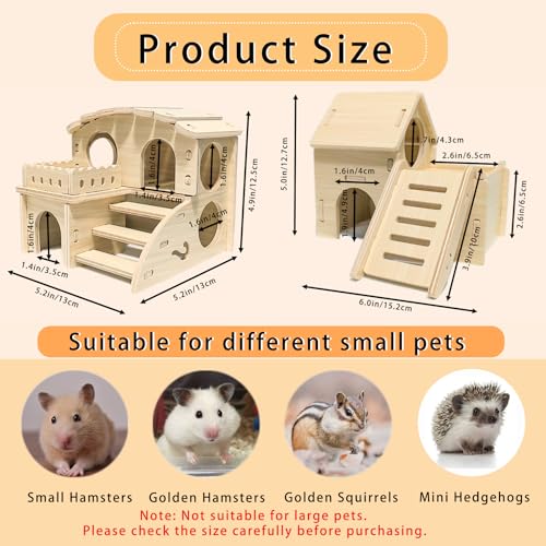 Wood Hamster House Set of 2 Tiny Wooden Hideout Castle Double-Decker Hut Multi-Chamber Maze Wood House with Slide, for Dwarf Hamster, Gerbil, Mouse, Guinea Pig Small Animals(Only for Small Hamster)