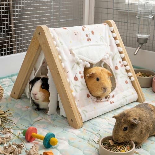 Guinea Pig Hideout No Bottom, Sturdy Bamboo Small Animal House with Window, Rabbit Bunny Tunnel, Easy to Assemble for Hamsters Bunny Rat Chinchillas Playing Hiding, Guinea Pig Cage Accessories, Pink - color: Pink