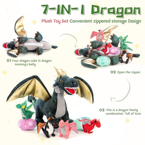 Dragon Plush Toy with 4 Babies, 21.7" Stuffed Animal, Dark Green | 7Pcs Dragon Plush Family; Mommy, 4 Baby Dragons & 2 Eggs; Zipper Belly Pretend Play; Birthday & Christmas Gift for Kids - style: Dragon Dark Green
