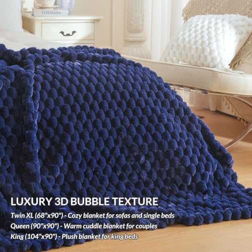 XeGe Luxury Bubble Fluffy Faux Rabbit Fur Bed Blanket King Size, Navy Blue | 104"x90", Double-Sided, Hypoallergenic, No-Shed, Washable, Warm Furry Blanket for Master Bedroom, Couples & Family Snuggling - color: Navy Blue, size: King (104" X 90")