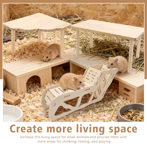 3 Sets Wooden Hamster Platform for Cage Accessories Natural Wood Climbing Toy Hideout, Expandable Habitat Decor for Dwarf Syrian Hamsters, Gerbils, Mice, Degus Sturdy Chew-Safe