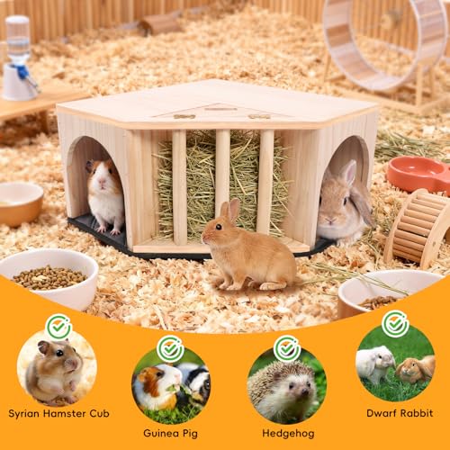 Kalolary Wooden Guinea Pig Corner Hideout with Pee Pad, Small Animal Hideout with Hay Feeder Dual Entrances Hamster Hideout for Bunny Chinchilla Mice Dwarf Gerbils Mouse Hedgehog Playing Hiding