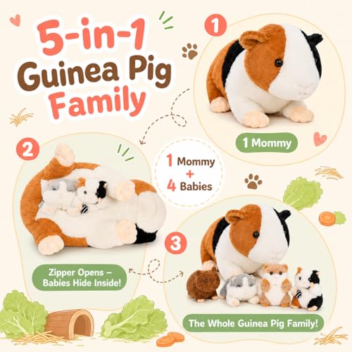 Guinea Pig Plush with 4 Babies, 19.7" Stuffed Animal Family Set | 5Pcs Guinea Pig Plush Toy Family, 1 Mommy Plush with 4 Babies, Zipper Belly Storage, Hide-and-Seek Play, Soft Gift for Kids - style: Guinea pig