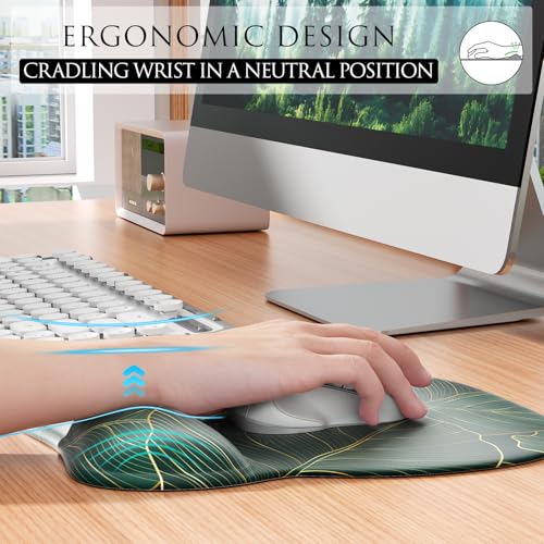 MROCO Ergonomic Mouse Pad with Gel Wrist Rest, 9.4 x 8.1 in, Green Leaves | Ergonomic Shape Design, Multiple Pattern Options, Gel Wrist Comfort, Smooth Lycra Surface, Non-Slip PU Base - color: Green Leaves