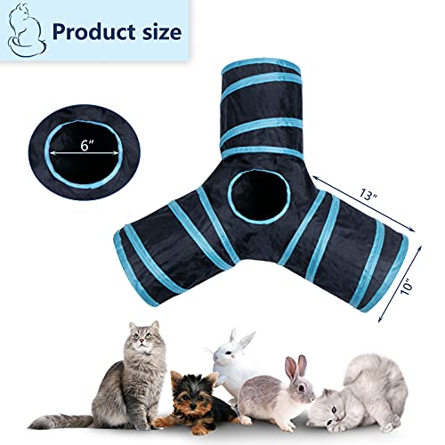 3 Way Cat Tunnel Collapsible Fun Pet Play Tube Toys for Cats, Kittens, Puppies & Rabbits - Portable Tunnel with Hanging Ball for Indoor Play, Hideout & Exercise - color: Blue Black