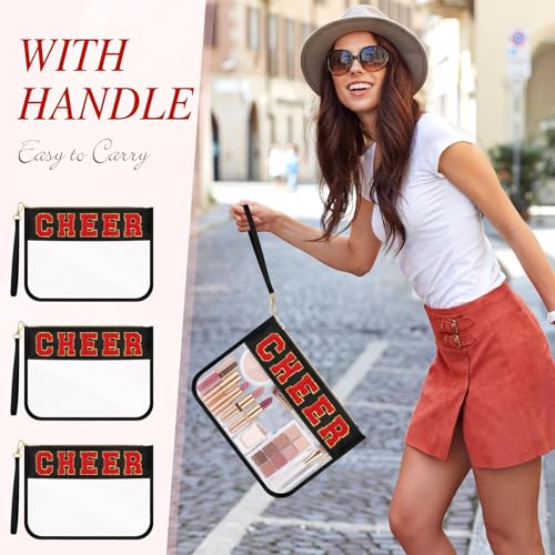 Kacctyen 20 Pcs Black Chenille Letter Cheer Bags Bulk Cheerleader Clear Makeup Bags Snacks Pouch Bulk Preppy Patch Cosmetic Pouch with Wrist Strap Zipper for Travel Team Cheerleaders - color: Black