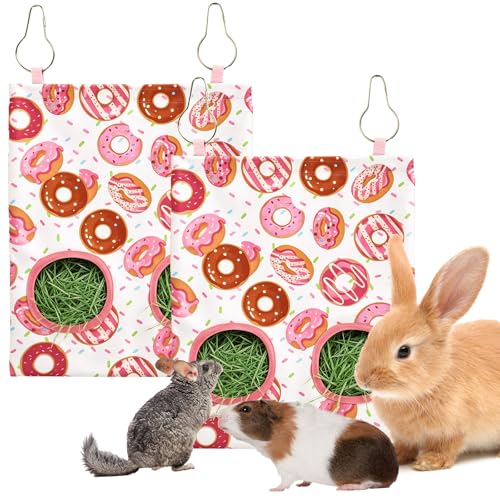JarThenaAMCS 2Pcs Rabbit Hay Feeder Bag with 2 Holes Donut Guinea Pig Hanging Hay Feeding Bag Storage Dispenser for Chinchilla Hamster Bunny Small Animal Pet