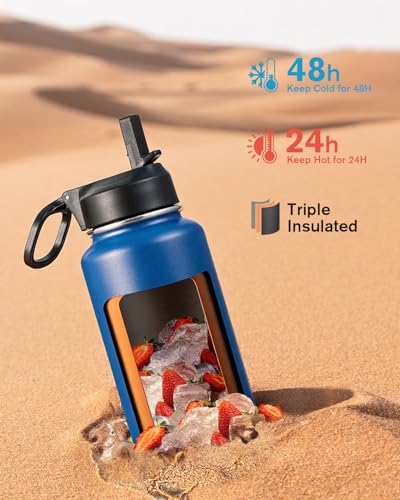 Coolflask 40 oz Water Bottle Insulated with Straw & 3 Leakproof Lids | Water Flask Stainless Steel Triple-Wall Vacuum,Cold 48+h,Dishwasher Safe,Wide Mouth, BPA-Free,Carrier Bag,for Gym,Hiking - color: King's Blue, size: 40 Ounces