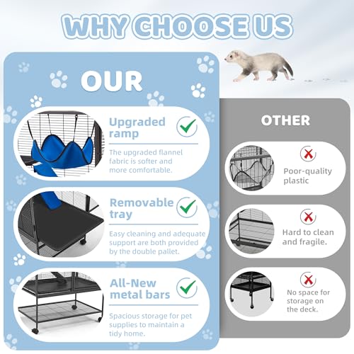 Fragess Large 36.5" Rolling Metal Cage, 2-Tier Small Animal Cage for Ferrets, Chinchillas, Rats, with 0.5'' Bar Spacing, Removable Ramp & Platform (Medium)