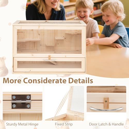 PETSITE Hamster Cage Chewproof, Wooden Hamster Habitat Playpen with Mesh Flip Roof, Multiple Ladder Areas, Ramp Design, Acrylic Panel, and Lockable Door, 23.5 x 14 x 16.5 Inches (L x W x H)