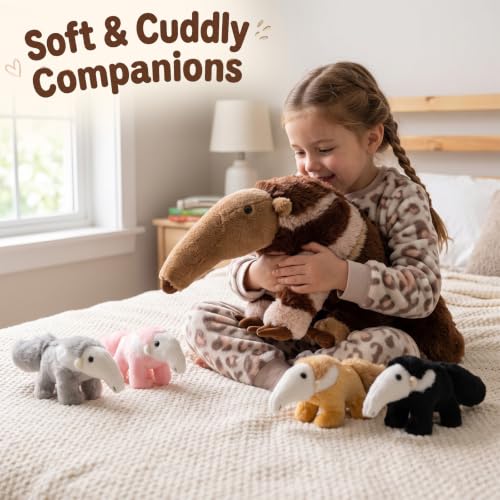 Hollowfly 5 Pcs Anteater Family Stuffed Animal Set 19.29" Mommy Anteater Plush Toy with 4 Cute Babies Zippered Belly Inside Wild Zoo Animals Gifts for Kids Adults Birthday Holiday Christmas Stocking - style: Anteater