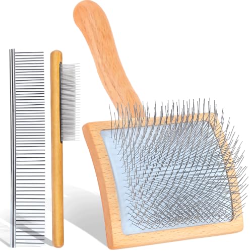 Wooden Long Pin Slicker Brush for Dog, Poodles & Doodles Long Hair | Grooming, Fluff & Detangle Heavy Dense Wavy Curly Coats to Easily Prevent Severe Hair Matting During Shedding Seasons - color: Wood