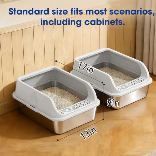 2 Pack Stainless Steel Litter Box with Lid, Kitten Metal Cat Litter Boxes High Sided Enclosed for Small Cat and Injured Cats Rabbit, Anti-Urine Leakage | Non-Stick Bottom & Includes Scoop - color: 2PACK-(Small)Silver Gray, size: Small