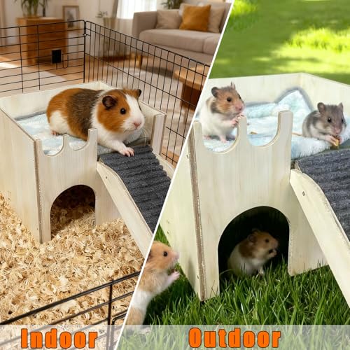 Guinea Pig Hideout Wood, Hamster Hideout Large, Rabbit Castle with Ramp, Bunny House for Cage, Chinchilla House Castle, Small Animal Hideout House, for Ferret Hedgehogs Playing Hiding Sleeping