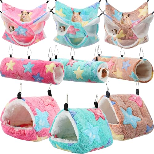 Abbylike 9 Pieces Rat Hammock 3 Tier Guinea Pig Ferret Hammocks Small Pet Hanging Tunnel Glider Toy Guinea Pig Ferret Hideout Bed Cage Accessories for Hamster (Green, Pink, Brown,Stars) - color: Green, Pink, Brown