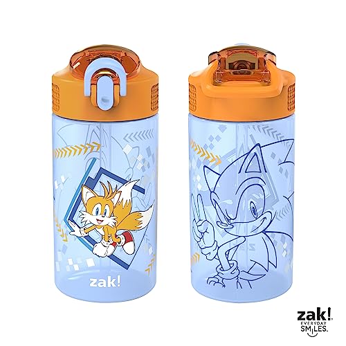 Zak Designs Sonic Kids' 2-Pack Leak-Proof Water Bottles With Straw, Handle and Pop-Up Spout Cover - color: Sonic, Tails