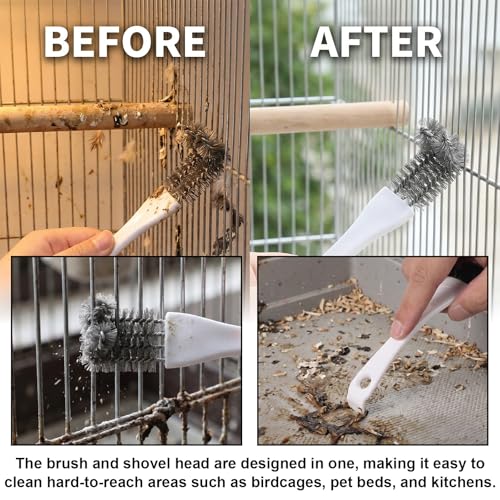 4-Piece Bird Poop Remover Brush Kit, Bird Cage Cleaner+ | Stainless Steel Poop Remover Tool Set for Parakeet, Parrot, Rabbit, Hamster, and Small Animal Cage Cleaning Accessories