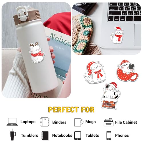 (12pcs-3in) Christmas Cat Sticker Stickers with Cute Santa Kitty Design Set | Gifts For Cat Lovers Kids Parents Friends For Laptop Water Bottle Tumbler Notebook Journal Scrapbook Phone Case Window Helmet - color: Cat 2, size: 3 Inches