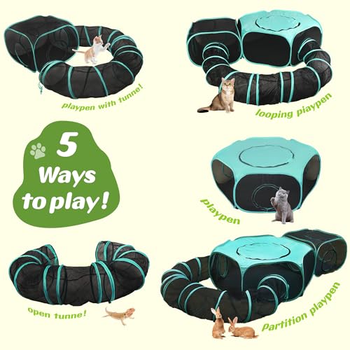 Large Outdoor Cat Enclosure Pop-Up Tent, Portable 3-in-1 Modular Pet Playpen with Zippered Mesh Windows for Indoor & Outside Use, Travel, Backyard, Park - color: green