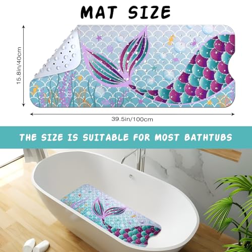 Mermaid Bathtub Mat Non Slip, Cute Baby Bath Mat for Tub Rubber Tub Mat, Kids Bath Mats for Bathroom Little Girls Anti Slip Shower Mat with Suction and Drain Holes Machine Washable, 40″X16″ - color: A05, size: 40" x 16" (Rectangular)