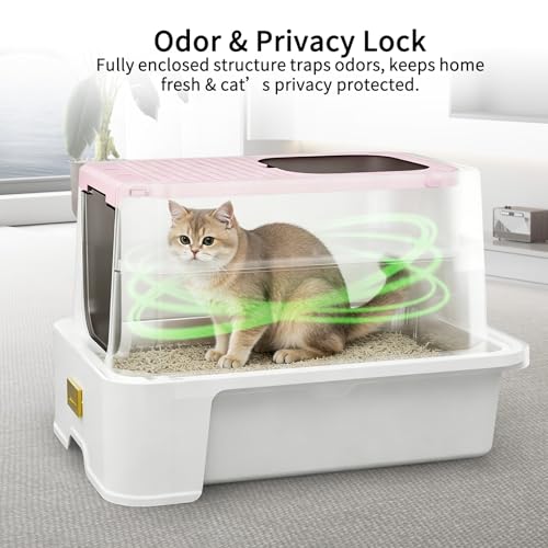 RIZZARI Covered Litter Box for Indoor Cats: Pink, Drawer, Easy Clean | Built-In Deodorizer Spray / Spacious for Large Cats / Stainless Anti-Odor / Pull-Out Drawer / Includes Scoop & Mat - color: Light Pink