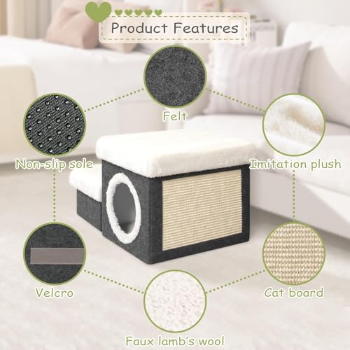 B FSOBEIIALEO Cat House Pet Stairs for Beds Sofa, Foldable Dog Steps 2-Tier With Storage Toy Box, Small Indoor Pet Steps Grey 15.7x12.6x12.6 Inches
