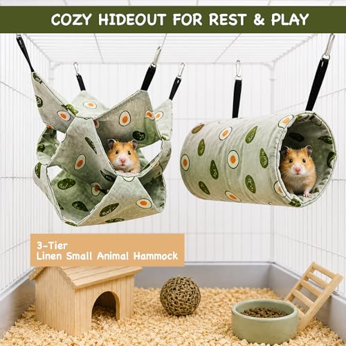 Guinea Pig Hammock and Tunnel Set, 2-in-1 Cage Bed and Hideout | 3-tier bed, padded tunnel, removable metal hooks; washable linen set for ferrets, rats, chinchillas and small pets - color: Avocado