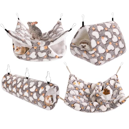 MCEAST 4 Pieces Small Pets Cage Accessories Hanging Hammock Sleeping Bag Tunnel and Bed Hideout Set Warm Sleep Nap Sack Bed for Hamster Ferret Squirrel Rabbit, Coffee Hearts - style: Coffee Hearts