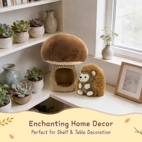 MaoGoLan 2pcs Hedgehog Stuffed Animal - 12" Mushroom Plush House with Stuffed Hedgehog, Soft Cute Hedgehog Plushie Toy for Kids Girls Boys Gift - color: Brown Hedgehog