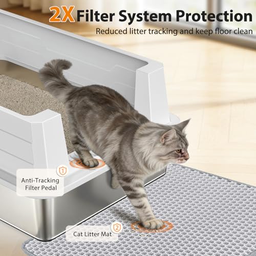 FURTIME Stainless Steel Cat Litter Box, Extra Large Cats Metal Litter Box | High-Sided Open-Top Easy-Clean Litter Pan for Multi-Cat Home, Non-Stick, Anti-Leakage, Comes with Scoop & Mat, 28"×20"×12.2" - color: Silver, size: XXX-Large
