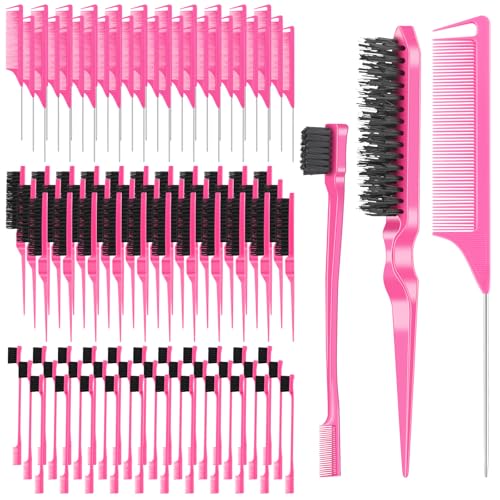NICEMOVIC 102 Piece Edge Brush Bulk Set with 34pcs Teasing Brushes, 34pcs Rat Tail Combs, and 34pcs Edge Brushes for Women and Girls - Pink