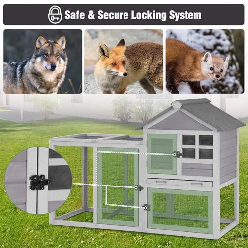 Large Rabbit Hutch Outdoor Indoor, Bunny Cage with 4 Access Areas & Pull-Out Leak-Proof Trays, Waterproof Roof Wooden Bunny Hutch for 1-2 Rabbits, Guinea Pigs, Chickens - color: Grey-XZ7002