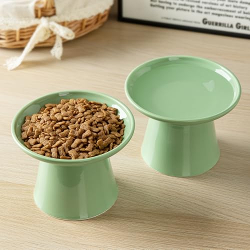 Ceramic Elevated Cat Bowls - 6.2 Inch Extra Wide Raised Cat Food and Water Bowl Set for Indoor Cats, Whisker-Friendly Ceramic Cat Dish for Elder Big Cats & Small Dogs,Green,4 Pack - color: Green, size: 4 Pack