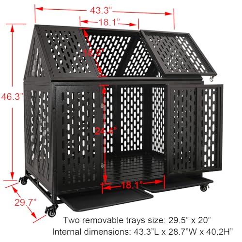 44 inch Heavy Duty Indestructible and Escape-Proof Dog Crate Cage for Large Giant Dogs, Steel Double Door Indoor High Anxiety Pet Kennel with Trays and Wheels, Extra Large XL XXL - size: 43.3"L x 29.7"W x 46.3"H