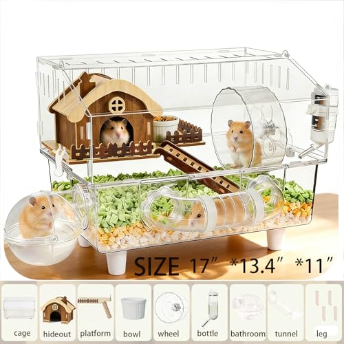 2-Story Acrylic Hamster Cage with Wooden House, Exercise Wheel, Tunnel, Water Bottle, and Ramp