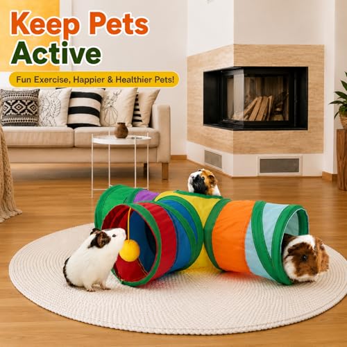 Rypet Guinea Pig Tunnel 3 Way Collapsible Small Pet Tunnels and Tubes with Interactive Ball for Baby Rabbit Ferret Hamster Chinchilla Hedgehog Hiding and Resting - color: Rainbow