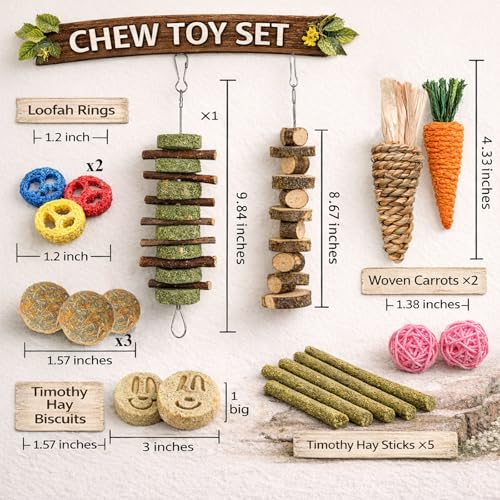 Grddaef 20 PCS Bunny Chew Toys for Teeth, Natural Rabbit Toys Apple Wood Grass Timothy Sticks Chew and Treat for Guinea Pigs Hamster Chinchillas - color: 20 Pcs