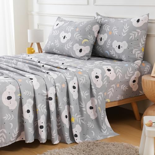 Twin Sheets Set Kids Cute Koala Animal Printed Bed Sheet 3 Pieces | 15 inch Deep Pocket Fitted Sheet and Pillowcase Set, Soft Breathable Microfiber Cartoon Printed Bed Sheet for Kids Room - color: Koala, size: Twin