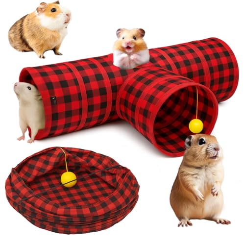 Tunnels with 3-Way Entrance - Cozy, Washable Guinea Pig Hideout - Interactive Cage Toys (Red Plaid) - color: Red Plaid