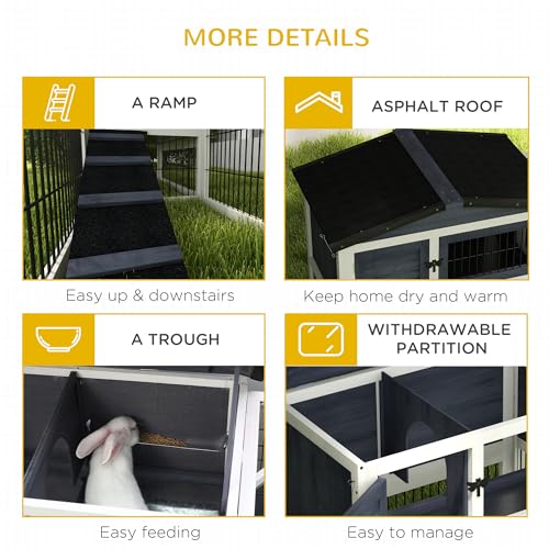 PawHut 2 Levels Outdoor Rabbit Hutch with Openable Top, 59" Wooden Large Rabbit Cage with Run Weatherproof Roof, Removable Tray, Ramp, Dark Gray - color: Dark Grey