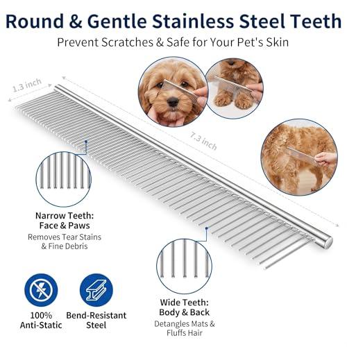 5-in-1 Dog Grooming Kit with Self Cleaning Brush & Rake, Blue | Best Push-Button Self-Cleaning Puppy Grooming Set with Undercoat Deshedding Rake & Steel Combs for All Long Short pet hair - color: Blue