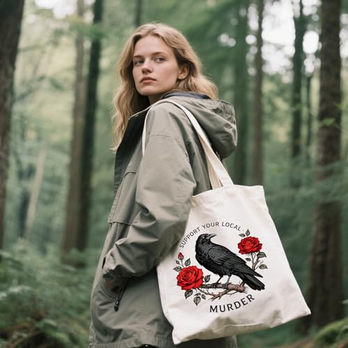 ANATTASOUL Canvas Tote Bag Reusable Cotton Bag for Women, Large 14.96"x 15.74" Cloth Shoulder Bags with Zipper Pockets - style: Crows and Flowers