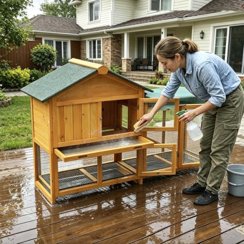 Outdoor Rabbit Hutch, Wooden Rabbit House, Equipped with Rainproof roof, Removable Pull-Out Tray and ramp. Made of Solid Wood, Suitable for Rabbits, Chickens and Ducks.Rabbit cage