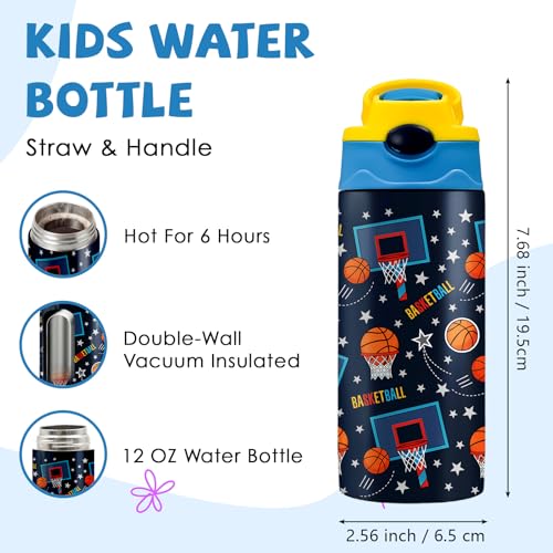Basketball 12 oz Water Bottle with Straw – Kids Stainless Steel Vacuum Insulated Cup, Leakproof Pop-Up Spout, Reusable Travel Mug for Boys and Girls Outdoor Sports - color: Basketball1