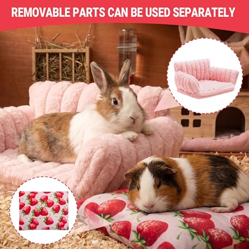 Guinea Pig Bed, Washable Fleece Pink Small Pet Cage Accessories | Strawberry Cozy Small Animal Sofa Couch for Guinea Pig, Bunny, Chinchilla, Hamster, Ferret, Hedgehog