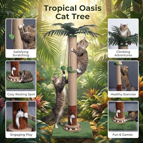 Fantasreen Cat Scratching Post 35'' Tall with Toy Mouse for Indoor Cats, Green - color: Palm Tree-35 inch
