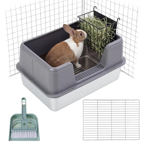 Zonon Extra Large Rabbit Litter Box, 23.6" L x 15.7" W x 12.4" H Stainless Steel Rabbit Litter Box with Lid, Hay Feeder with Hooks, Footed Metal Grid, Easy to Clean for Medium and Large Rabbits